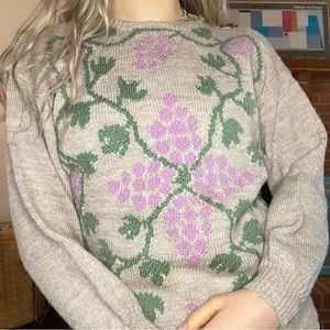 Vintage 70s Nordstrom Wool Made in England Grape Vine Floral Sweater Neu…